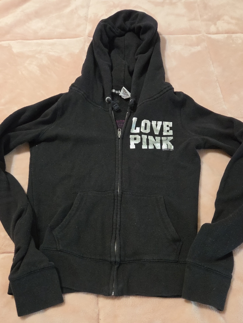 PINK Victoria's Secret Black Zip-Up Hoodie Vintage LOVE PINK VEGAS BLING XS
